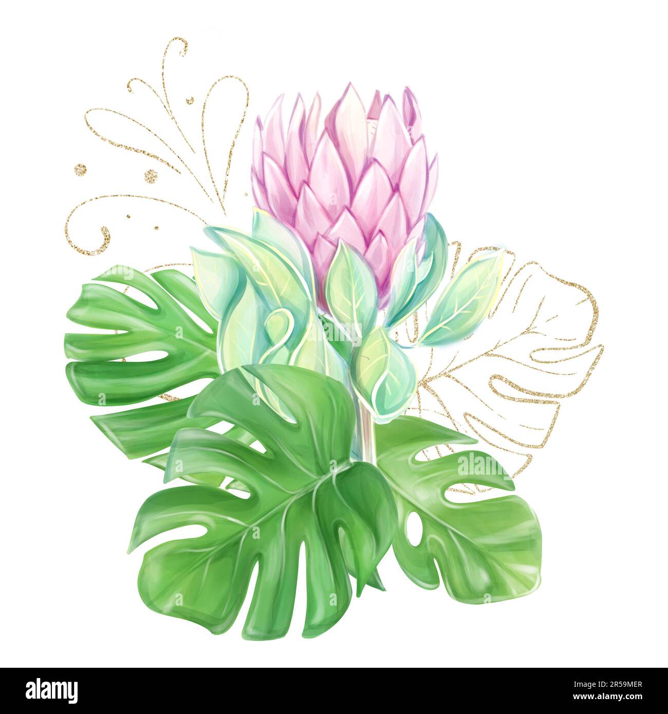 Aquarell mit rosa protea und goldenen tropischen Monstera-Blättern. Luxuriöse Komposition mit exotischer Blume. Stockfoto