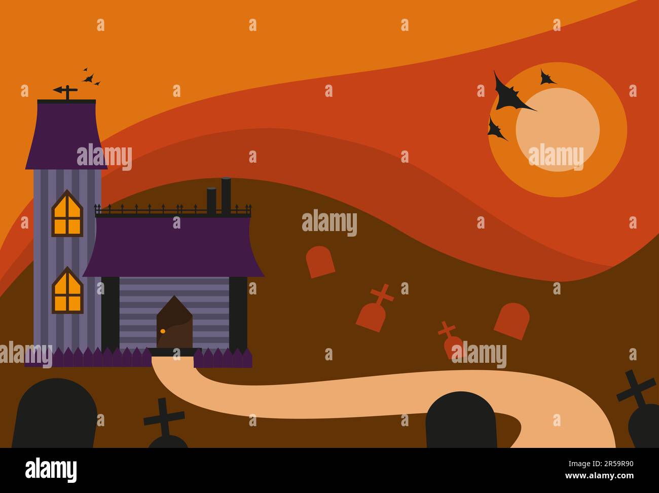 Halloween-Landschaft. Ein Haus mit einer Straße, Gräber auf dem Friedhof, Fledermäuse am Himmel mit Mond. Orangefarbener und roter Himmel. Stock Vektor