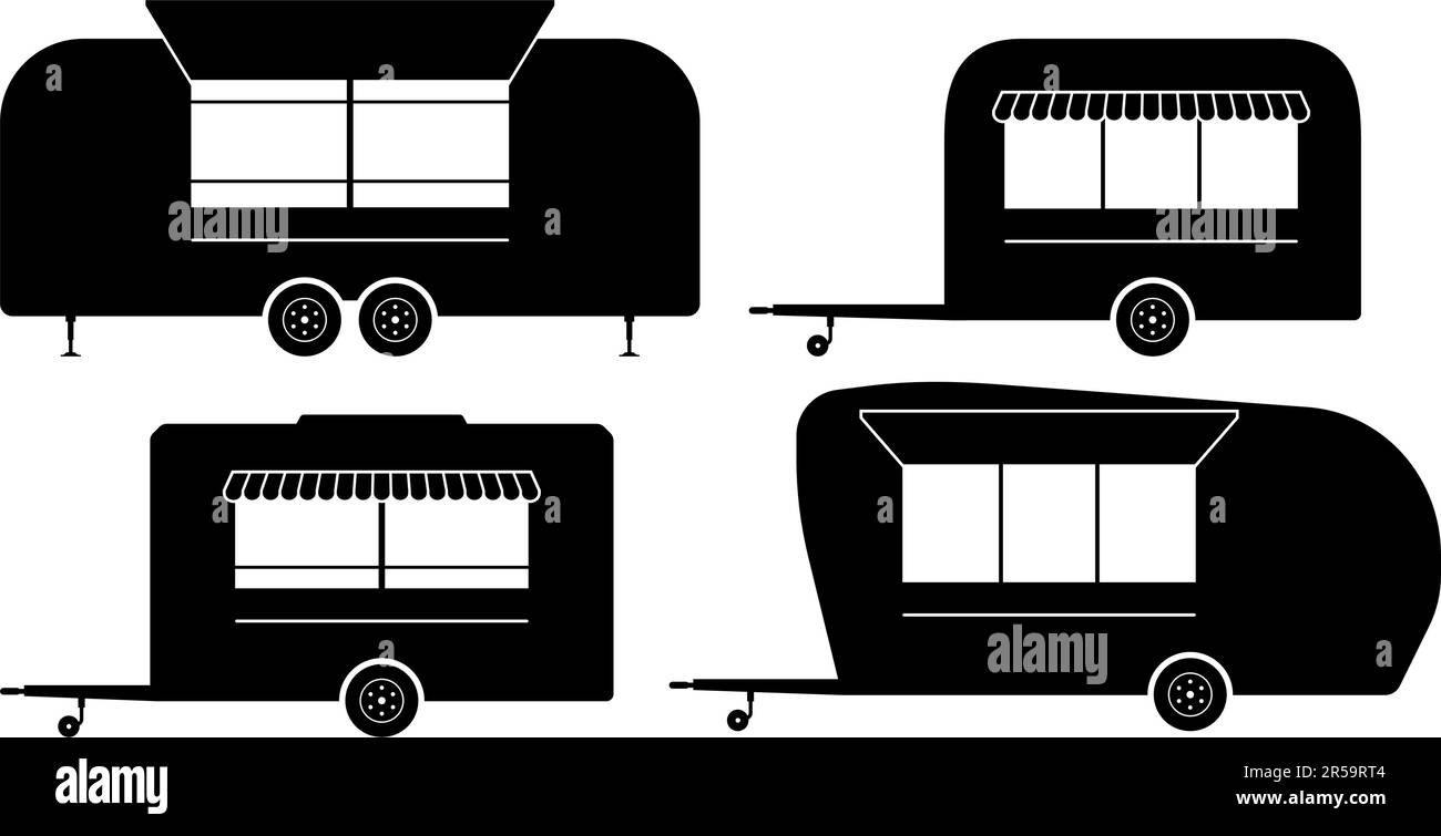 Vektorabbildung für Food Trailer auf weißem Hintergrund. Die Symbole der Food Trucks stellen die Ansicht von der Seite ein Stock Vektor