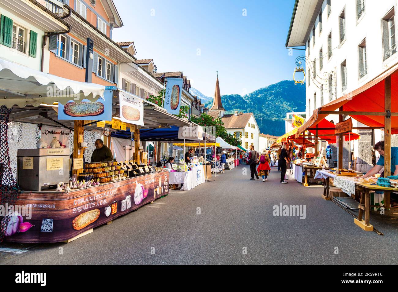 Samstags Bauernmarkt in Unterseen, Schweiz Stockfoto