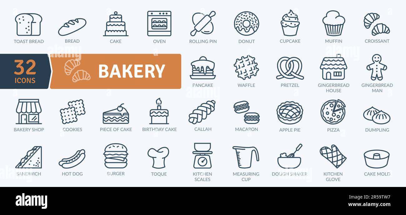 Bakery Icons Pack. Symbole für dünne Linien festgelegt. Einfache Vektorsymbole Stock Vektor