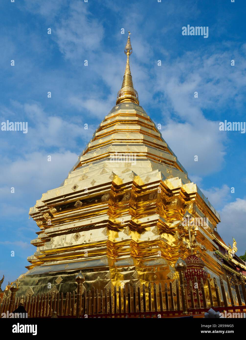 Phra That Doi Suthep Pagode, das wichtigste Wahrzeichen in Chiang Mai im Norden Thailands. Die Menschen kommen, um die buddhistischen Reliquien zu verehren, die dort verankert sind Stockfoto