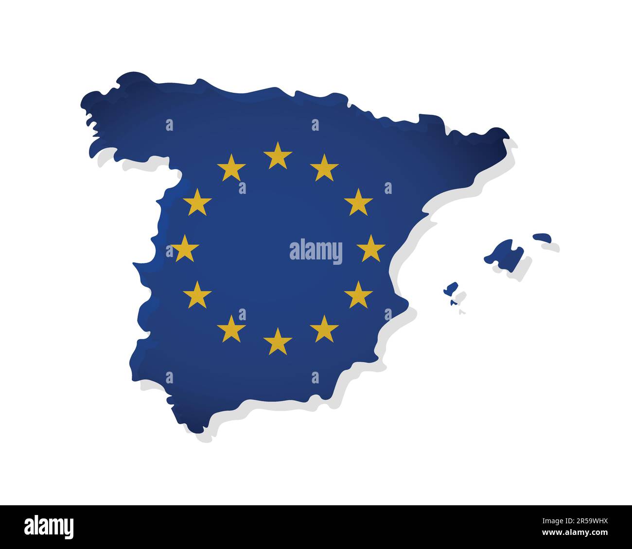 Vektordarstellung mit isolierter Karte eines Mitglieds der Europäischen Union - Spanien. Das Konzept ist mit der EU-Flagge und gelben Sternen auf blauem Hintergrund dekoriert Stock Vektor
