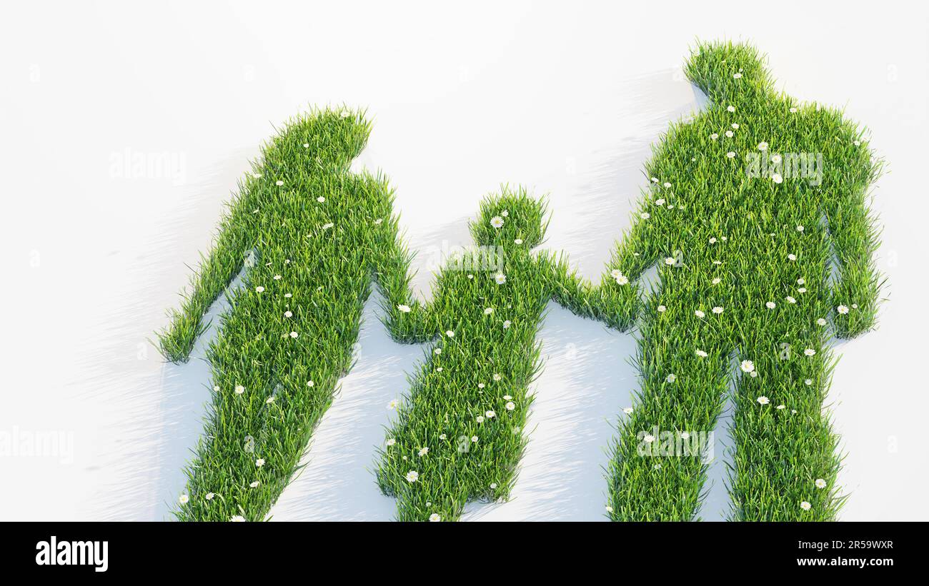 Silhouette der Familie aus grünem Gras und Blumen, Konzept des CO2-Fußabdrucks und des Umweltschutzes, 3D-Darstellung Stockfoto