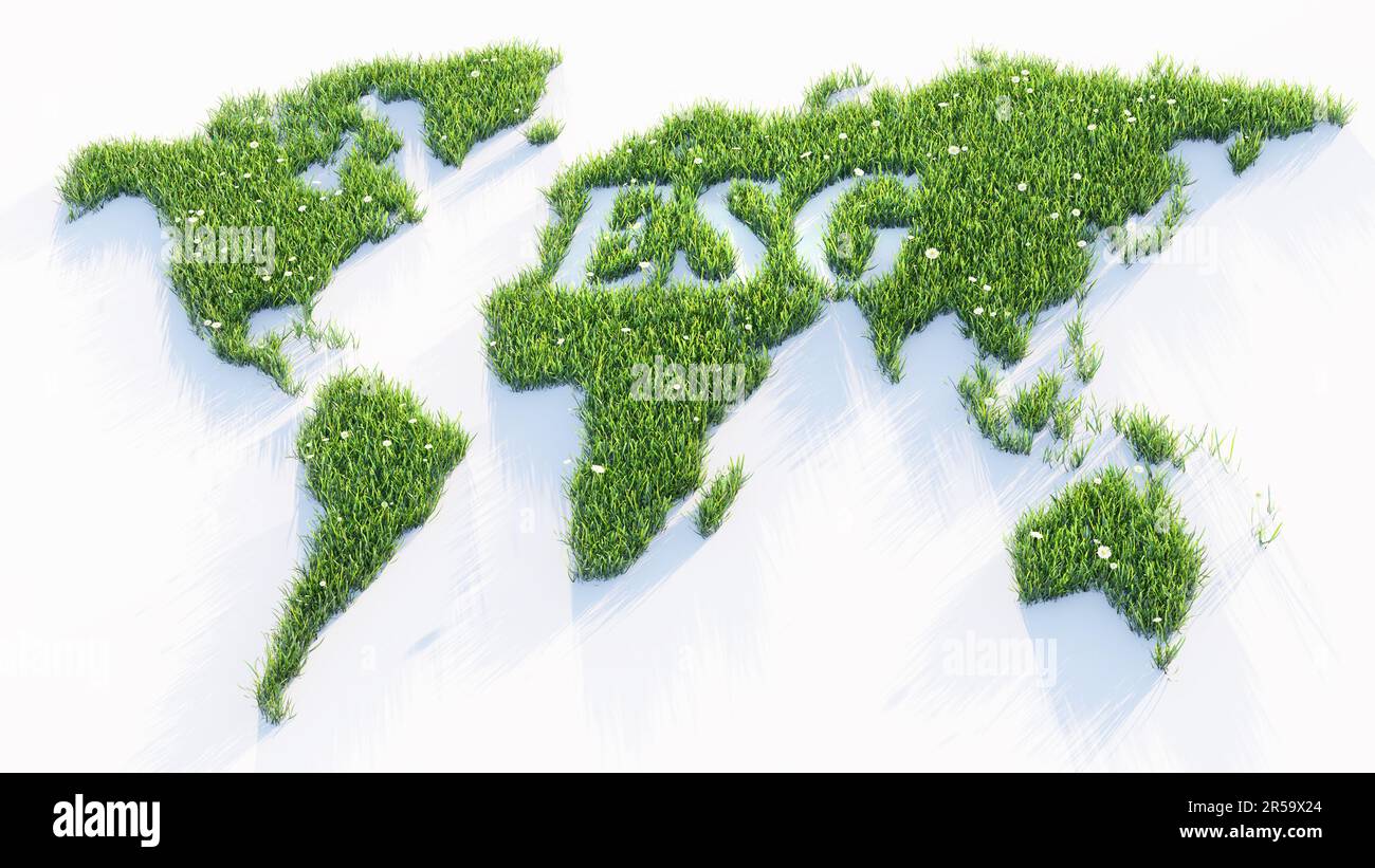 ESG-Konzept von Umwelt, Soziales und Governance aus grünem Gras, globale Karte, 3D Illustration Stockfoto