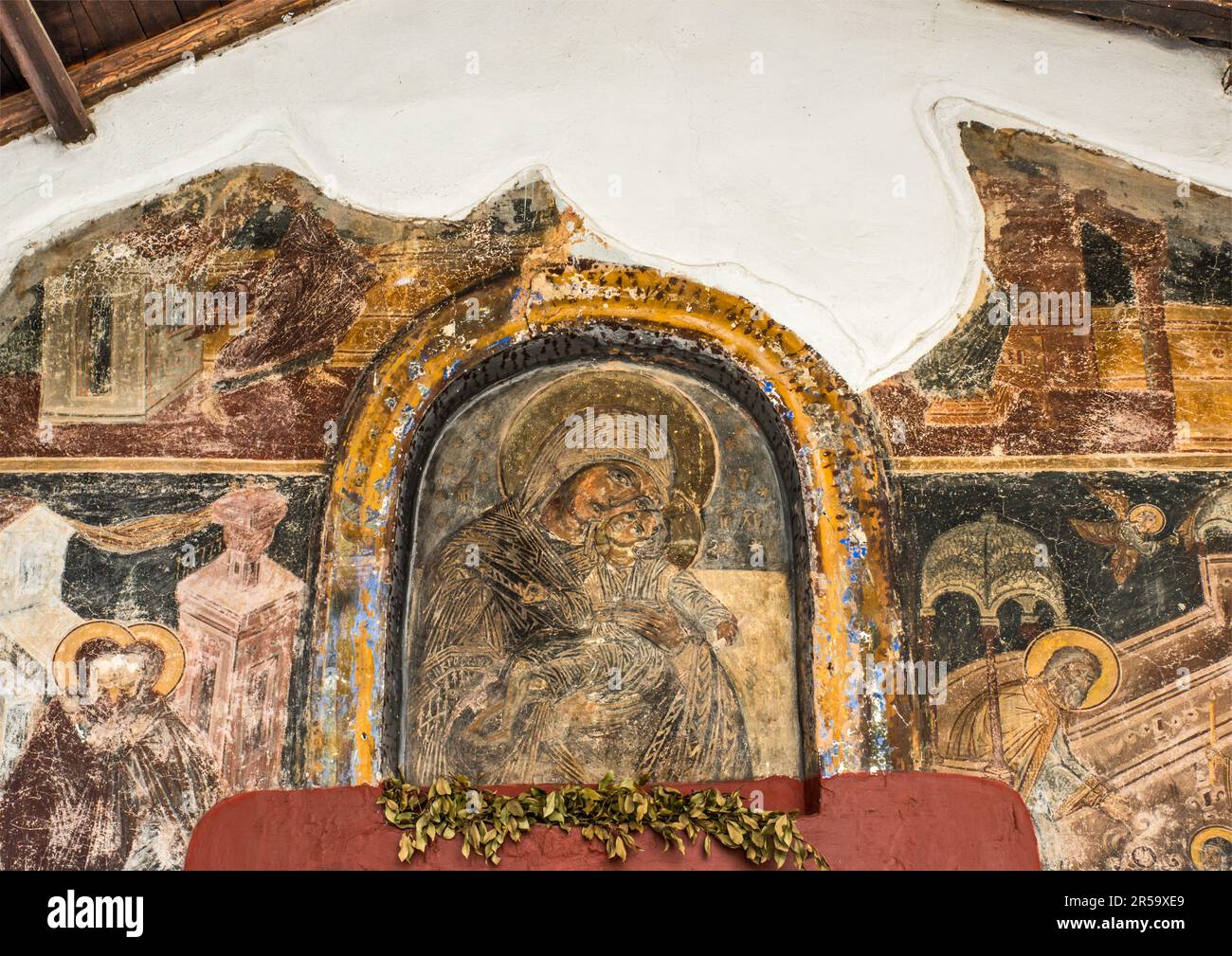Fresken in der Post-Byzantinischen Kirche von Panayia Mouzeviki (Ayios Minas, Jungfrau Maria Mouzeviki), Kastorien, Westmazedonien, Griechenland Stockfoto