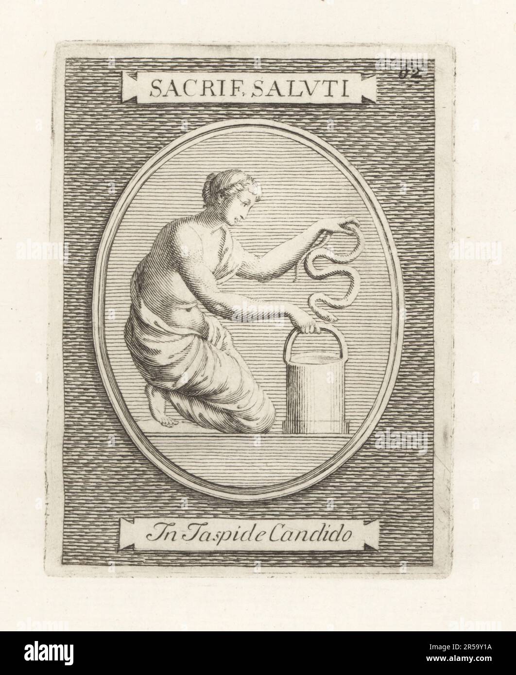 Eine Priesterin, die ein Opfer für Gesundheit und Hygiene bringt. Eine etruskische Frau legt eine Schlange in einen Eimer zu einer der griechischen Göttinnen Hygieia, Panacea, IASO und Aceso, Töchter des gottes der Medizin Asclepius. Von einem weißen Jasper-Juwel. Sacrificium Saluti in Jaspide Candido. Copperplate-Gravur von Francesco Valesio, Antonio Gori und Ridolfino Venuti's Academia Etrusca, Museum Cortonense in Quo Vetera Monumenta, (etruskische Akademie oder Museum von Cortona), Faustus Amideus, Rom, 1750. Stockfoto