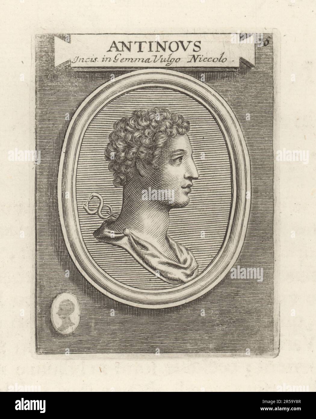 Antinous, griechische Jugend aus Bithynien, c.111-130. Favorit und Geliebter des römischen Kaisers Hadrian. Von einem eingravierten, gewöhnlichen Juwel von nicolo. Antinous incis in Gemma Vulgo Niccolo. Copperplate-Gravur von Francesco Valesio, Antonio Gori und Ridolfino Venuti's Academia Etrusca, Museum Cortonense in Quo Vetera Monumenta, (etruskische Akademie oder Museum von Cortona), Faustus Amideus, Rom, 1750. Stockfoto