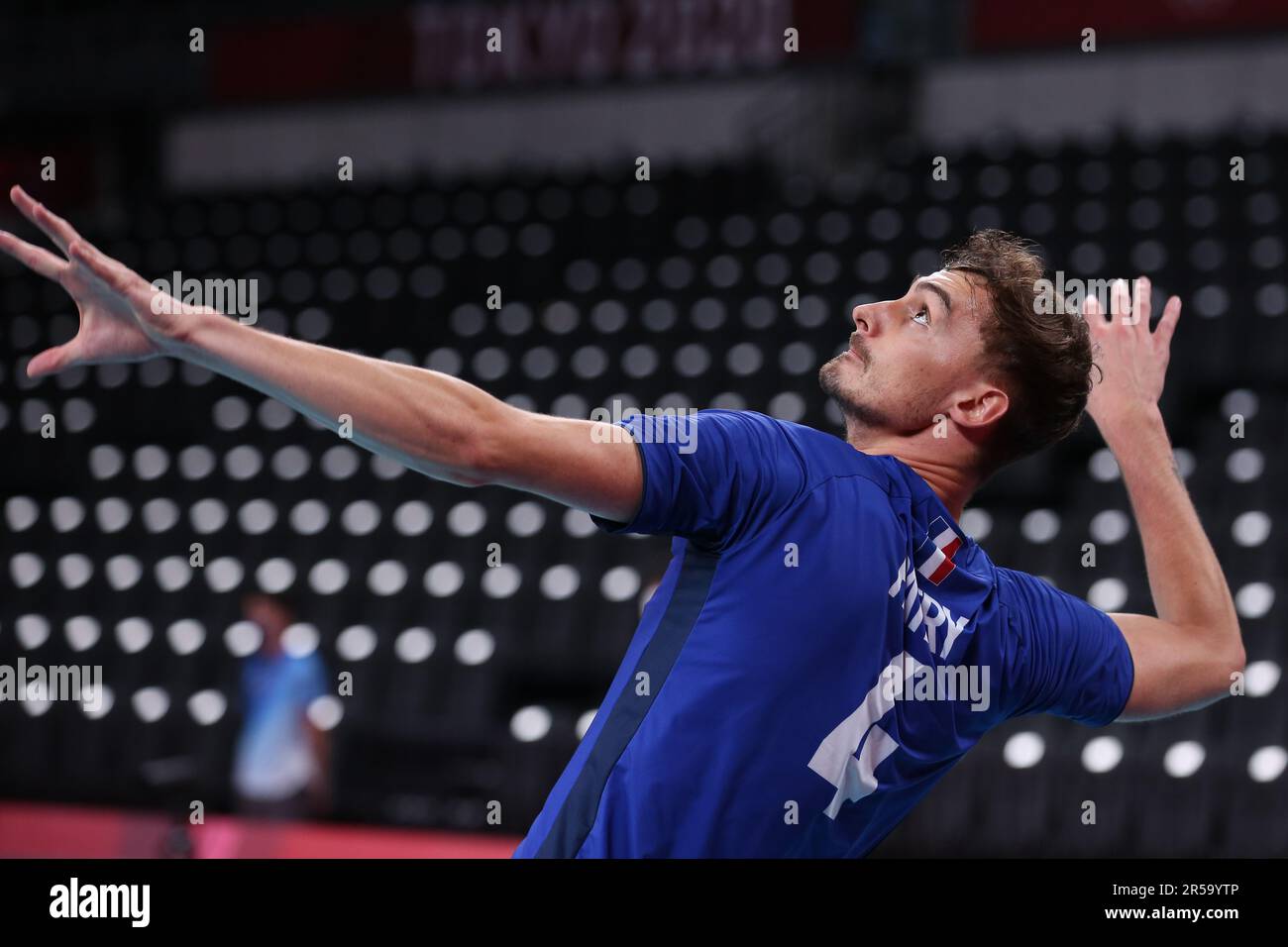 7. AUGUST 2021 – Tokio, Japan: Jean PATRY Nr. 4 des französischen Teams im Volleyball Männer-Goldmedaillenspiel zwischen Frankreich und dem russischen Olympischen Komitee bei den Olympischen Spielen 2020 in Tokio (Foto: Mickael Chavet/RX) Stockfoto