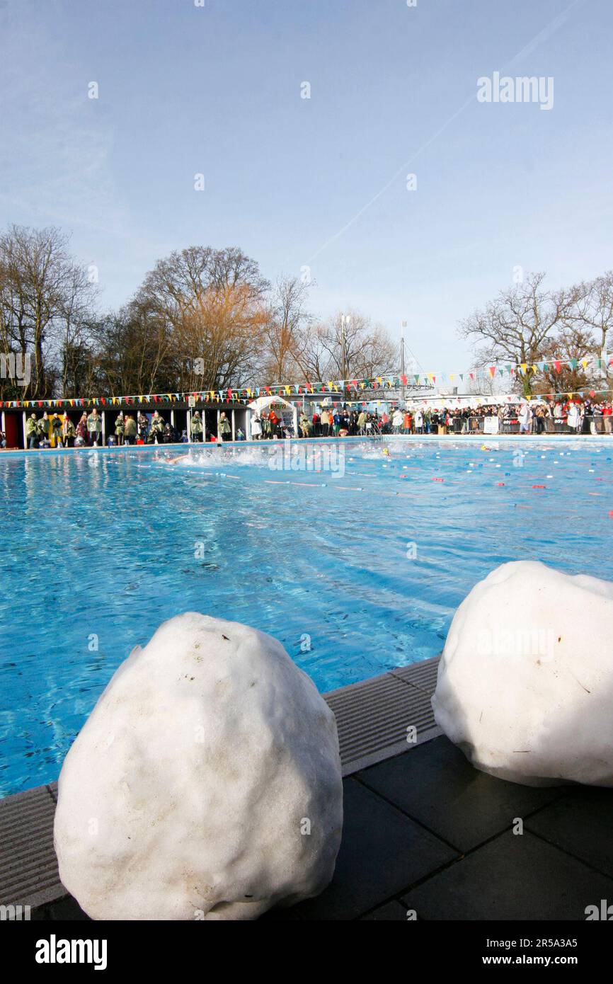 Der South London Swimming Club veranstaltet die 5. Kaltwasser-Schwimmmeisterschaften im Tooting Bec Lido in Südlondon, Großbritanniens größtem unbeheizten Freiluft-Süßwasserpool. Über 600 Schwimmer trotzten dem eisigen Wasser, einige trugen ein ausgefallenes Kleid. 25/01/2013 Stockfoto