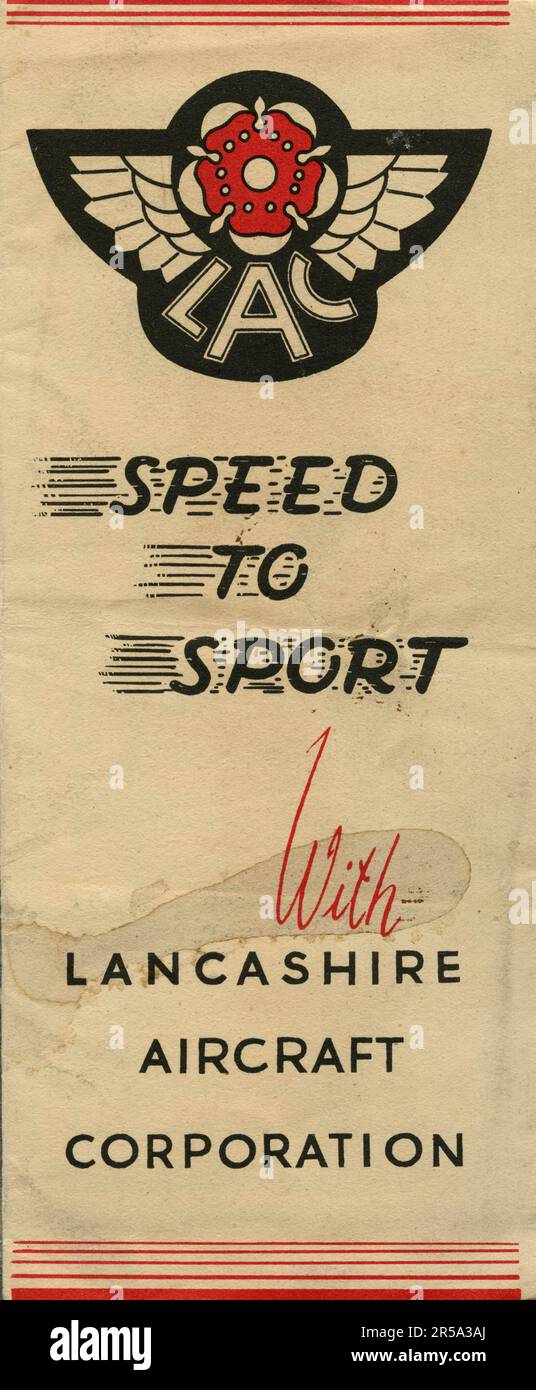 Werbekarte der Lancashire Aircraft Corporation: Speed to Sport, UK 1950er Stockfoto