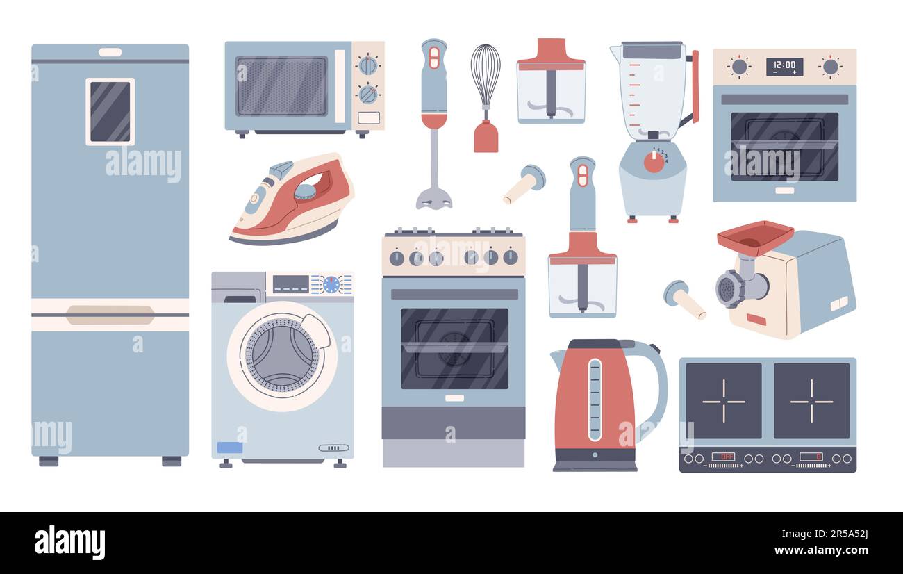 Haushaltsgeräte Set Haushaltselektronik und Maschinenkonzept. Geräteelemente für Küche Kochen Wäscherei waschen Stock Vektor