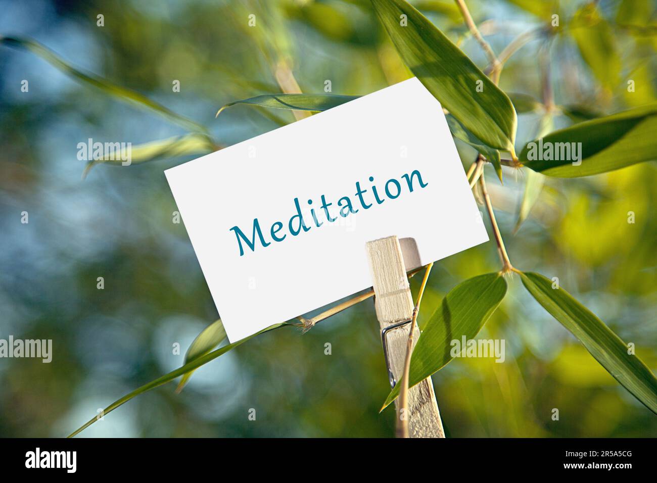 Laken auf einem Bambus, Schriftzug Meditation Stockfoto