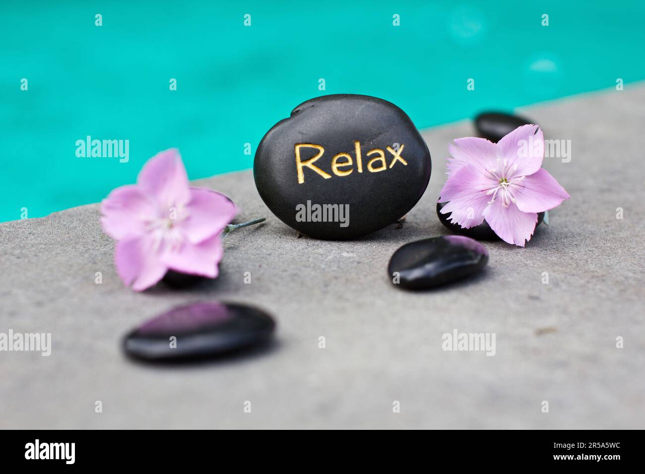 Massagestein mit dem Wort RELAX und rosa Blumen Stockfoto