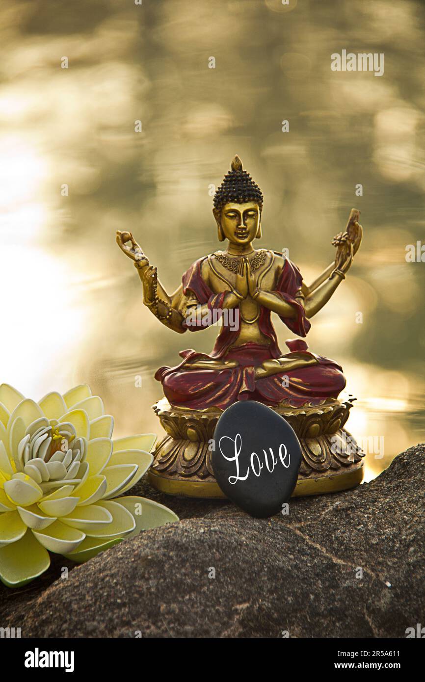 Sechsarmige buddha am Wasser mit Lotos Blume am Morgen, Stein mit Liebe Stockfoto
