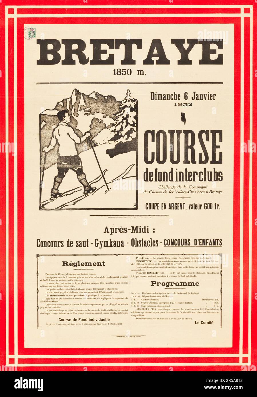 Bretaye, Course Defond Interclubs - Skiwettbewerb. Schweiz Reiseplakate (1929) Unbekannter Künstler. Stockfoto