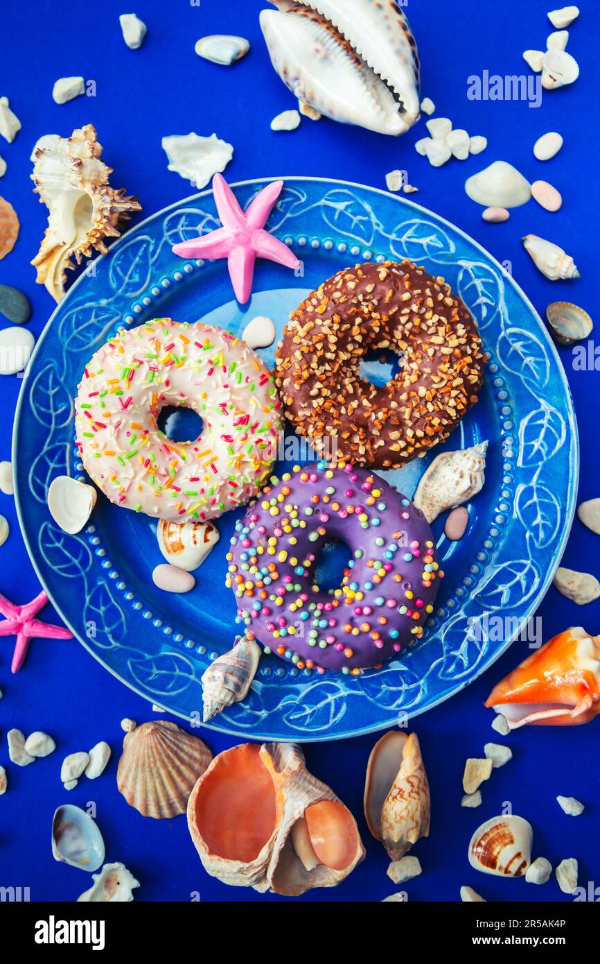 Verschiedene Donuts auf einem Teller auf blauem Hintergrund. Um sie herum gibt es Symbole des Meeres - Muscheln, Kiesel und Steine. Das Konzept von Vergnügen und Relaxati Stockfoto