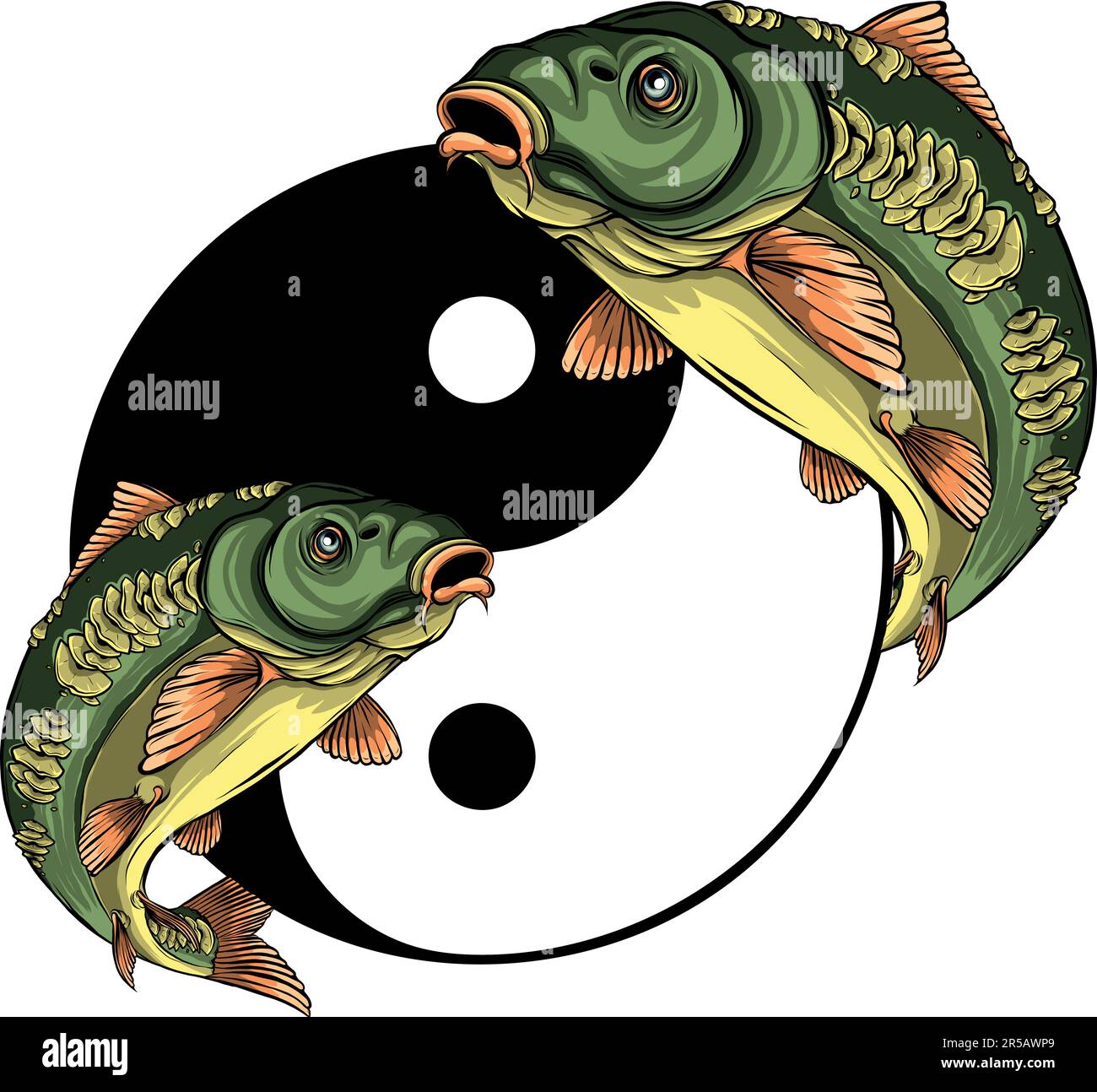 Darstellung von zwei Karpfenfischen im Kreis des Yin Yang-Symbols. Stock Vektor