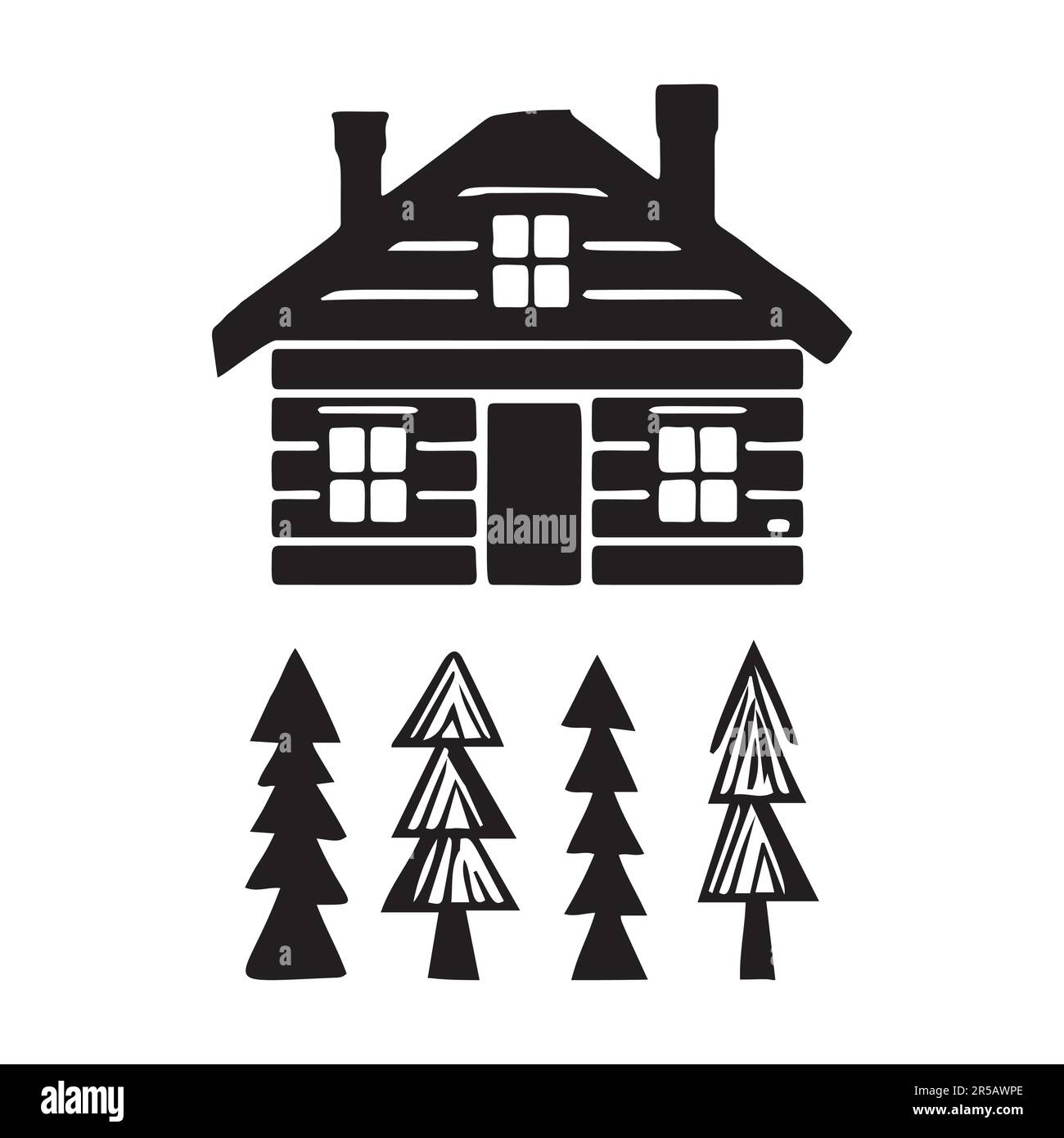 Eine Reihe von Vektordarstellungen für Holzhütten und Tannenbäume. Maskuline Outdoor-Reise im nordischen Linocut-Chalet in skandinavischer Urlaubsgruppe Stock Vektor