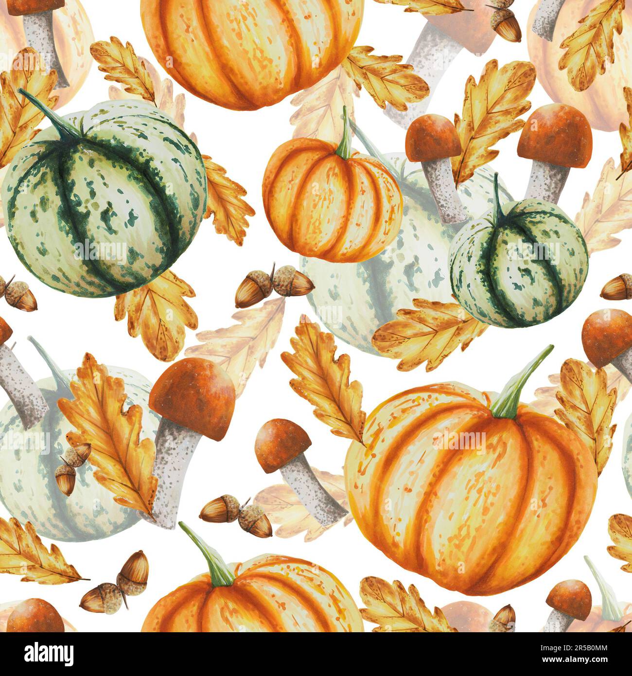 Herbstfarben isoliertes nahtloses Muster mit Kürbissen, Eichenblättern, Eicheln, Pilzen, Boletus, Porcini-Pilze, weißer Hintergrund. Saisonaler Herbst Stockfoto