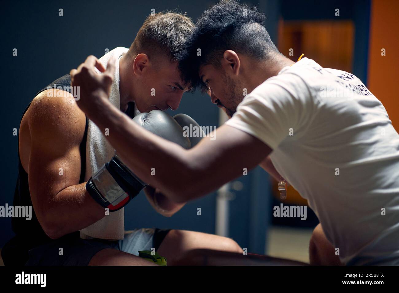 Junger Boxspieler, der von seinem Trainer ermutigt wird, sitzt in der Garderobe. Geistige Vorbereitung, Köpfe gegeneinander halten. Stockfoto