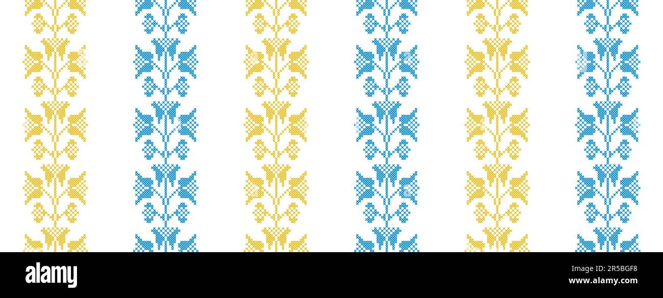 Ukrainian vector seamless fashion pattern. Decoration in blue and yellow color. Ukrainian vertical stripes fashion pattern. Pixel art, vyshyvanka Stock Vektor