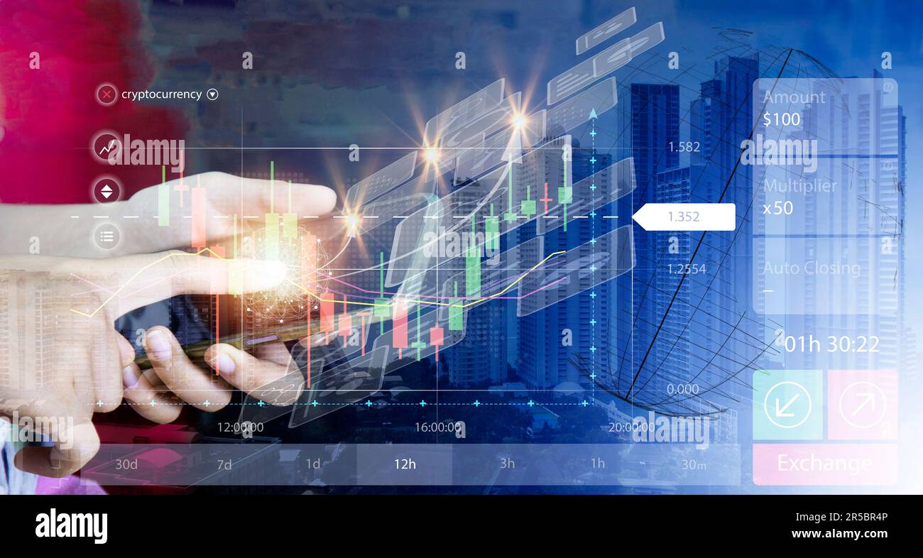 Planung, Analyse von Indikatoren und Kauf- und Verkaufsstrategien, Aktienmarkt, Geschäftswachstum, Fortschritt oder Erfolg. Stockfoto