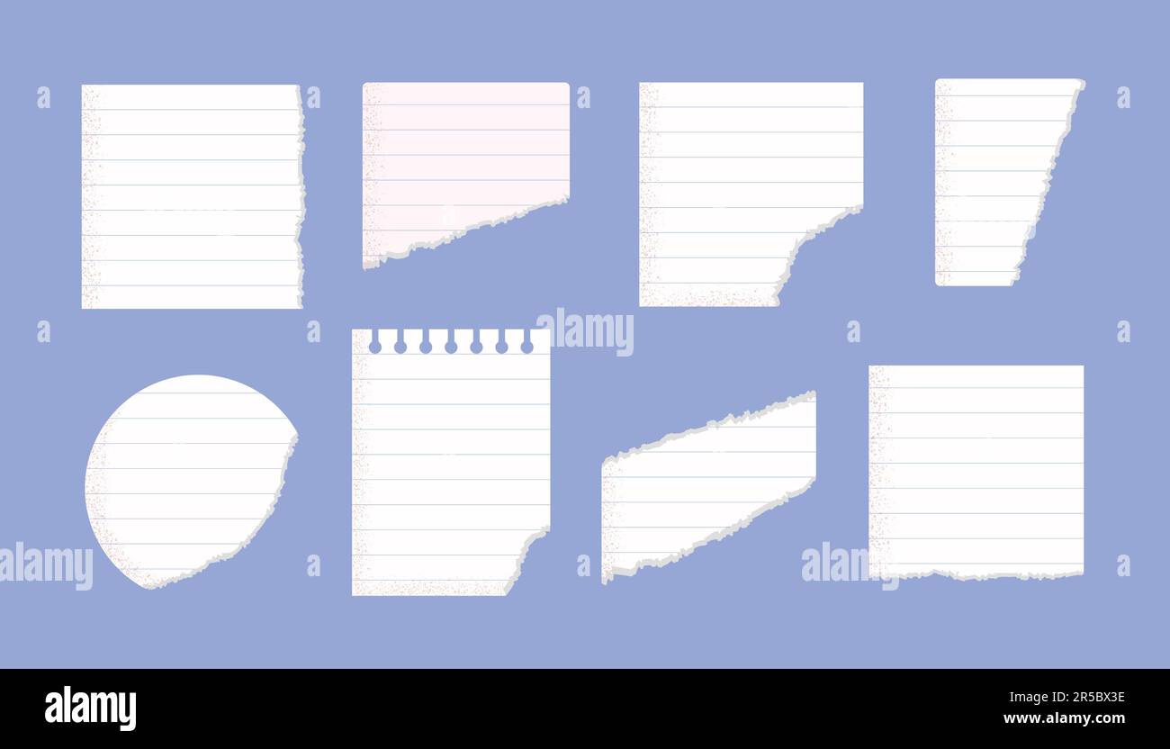 Zerrissene, gerissene weiße Linierung, Strichbuch, Mathematik, Notizbuch, Notizbuch, Papierteile, Vektorbildungs-Set. Stock Vektor