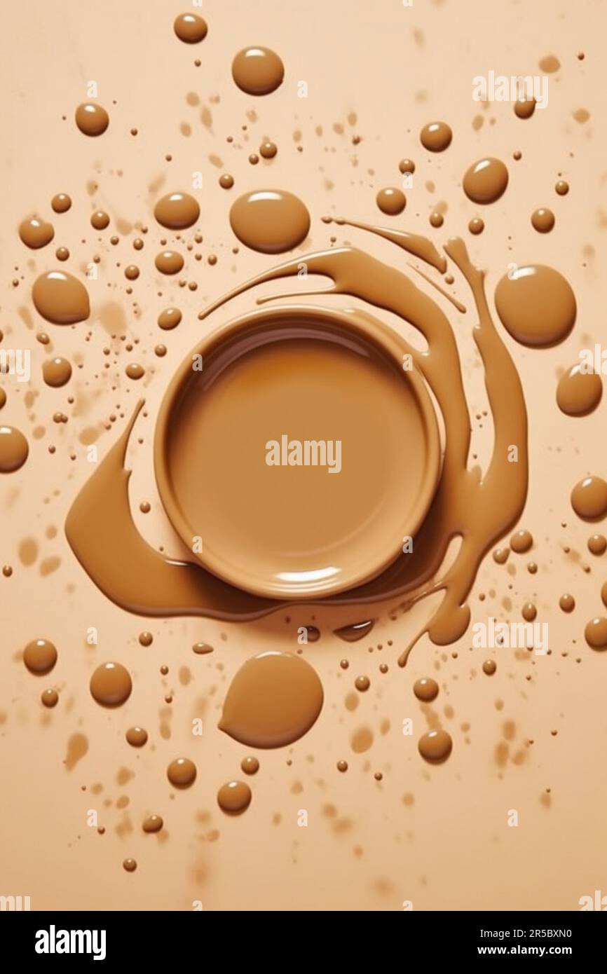 Modell des Make-up-Fundaments auf beigefarbenem Hintergrund mit Tropfen. Das Konzept der Dekorationskosmetik für das Gesicht. Draufsicht Stockfoto