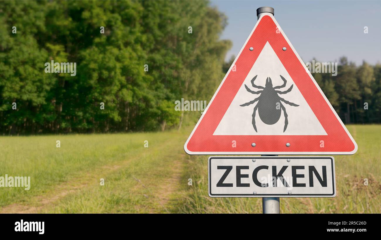 Warnschild mit dem deutschen Wort "Zecken" (Zecken) im Freien Stockfoto