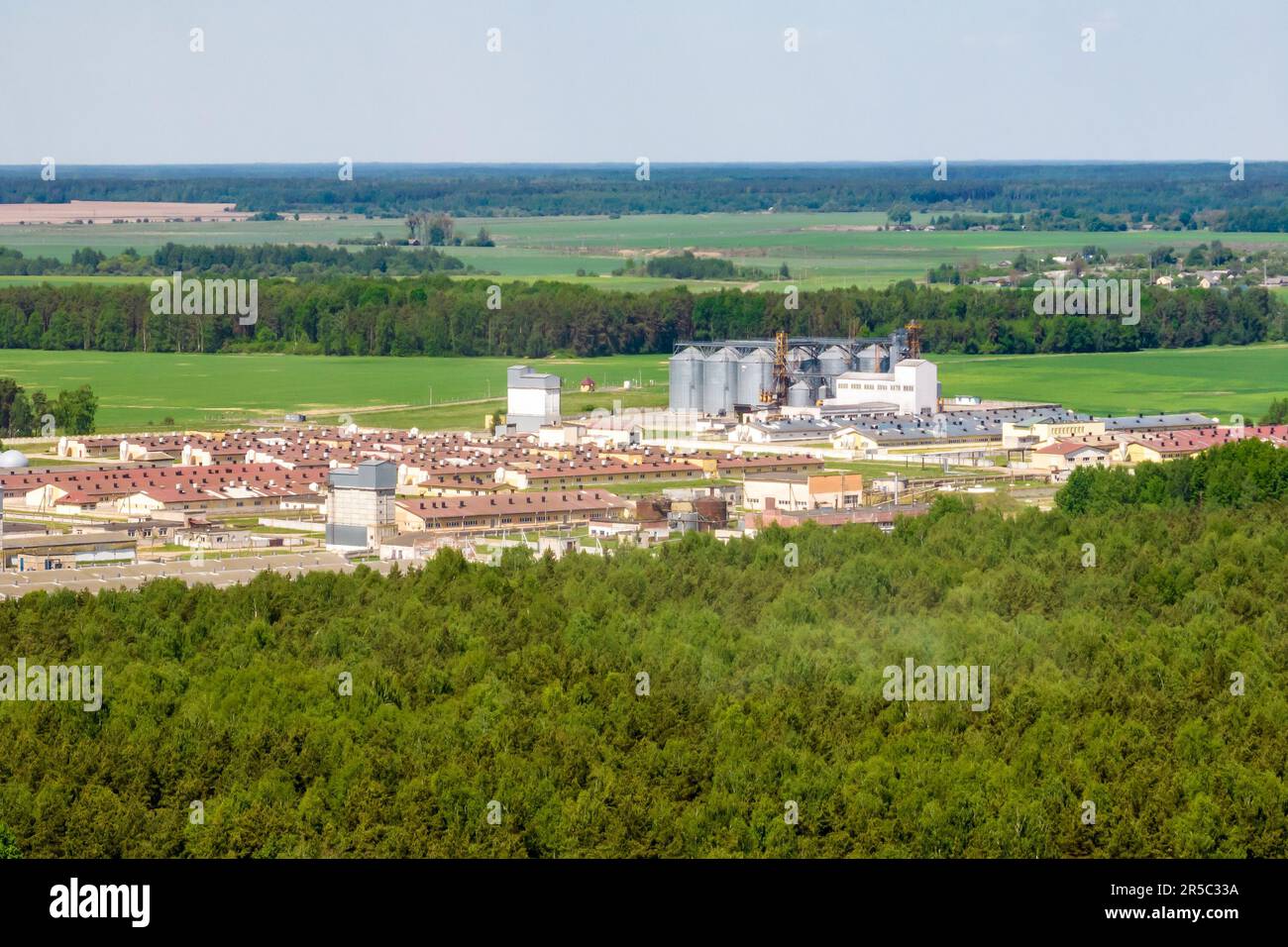 Panoramablick auf den Agro-industriellen Komplex mit Silos und Korntrocknungslinie zur Trocknung und Lagerung von Getreidepflanzen Stockfoto