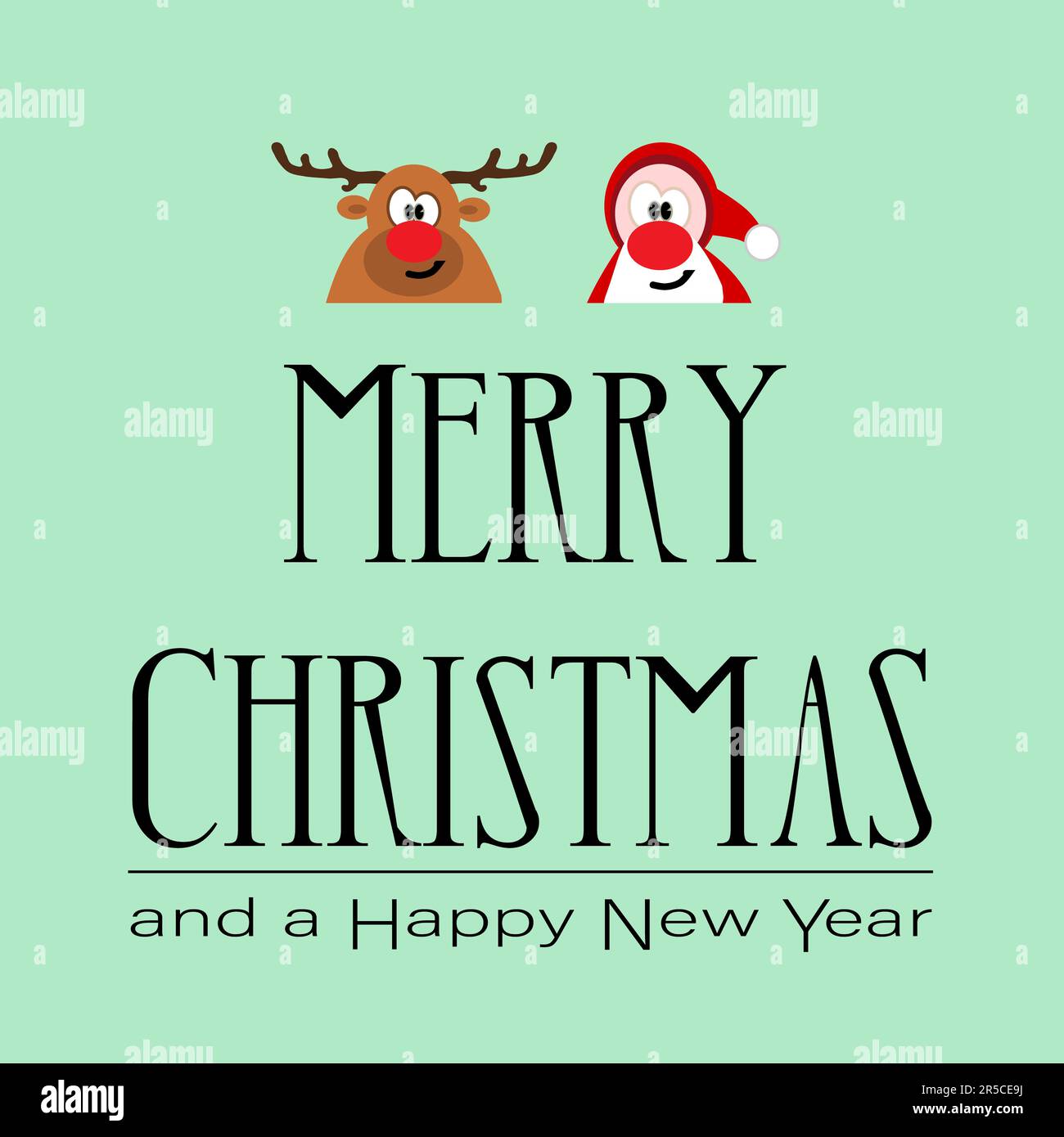 Frohe Weihnachten auf einem hellgrünen Hintergrund mit Weihnachtsmann und Rentier, Vektor, Abbildung Stockfoto