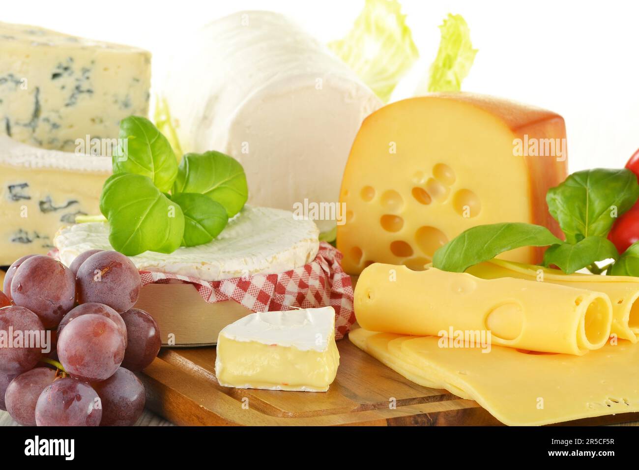 Komposition mit Käsestücke auf Steckbrett Stockfoto