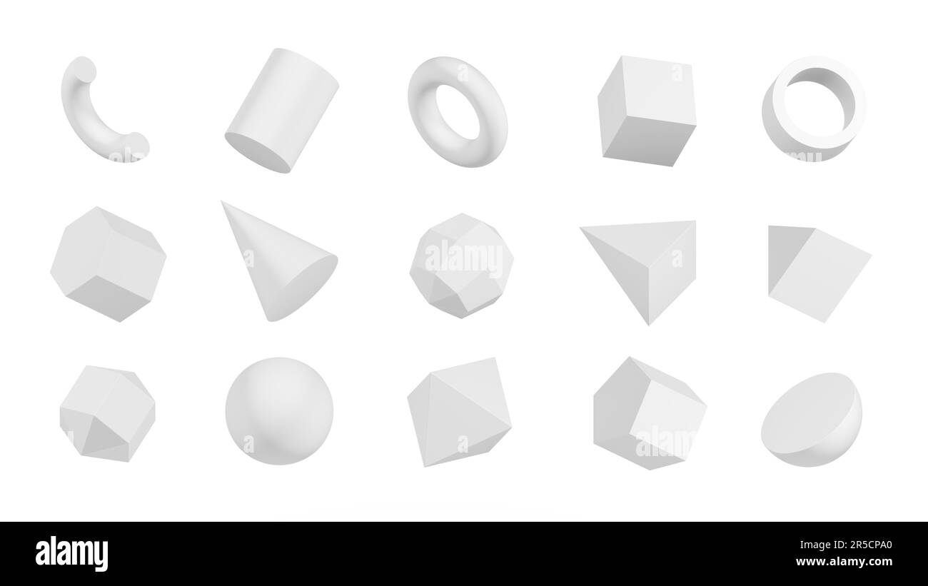 Geometrische Formen auf weißem Hintergrund isoliert. Set mit 3D Formen. 3D Abbildung. Stockfoto