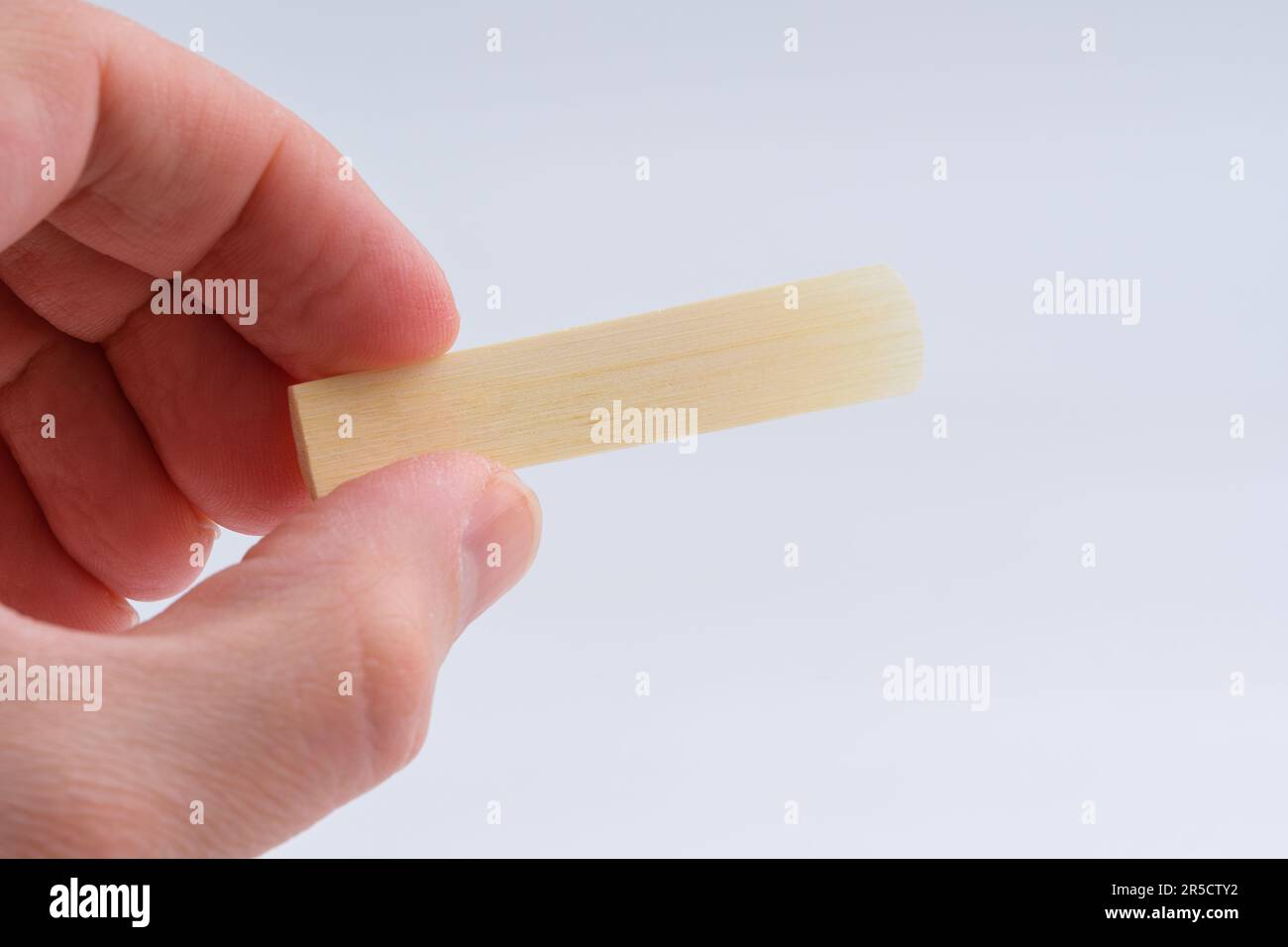 Klarinette Reeds. Reed für Clarinet, gleichförmig auf weiß und in der Hand. Stockfoto