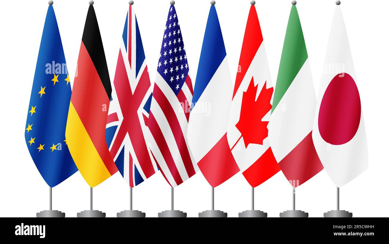 Flaggen der EU und der G7-Staaten auf Flaggenständen, Vektor Stock Vektor