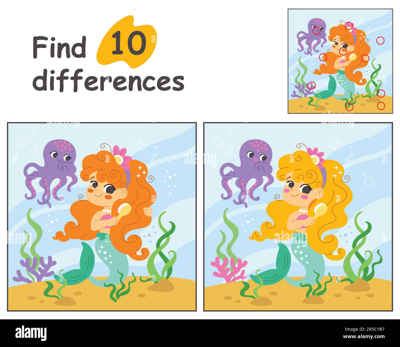 Pädagogisches Spiel für Kinder. 10-Unterschiede mit Vorlage suchen. Süße Cartoon-Meerjungfrau und Oktopus in der Unterwasserwelt. Vektordarstellung für untergeordnete Stock Vektor