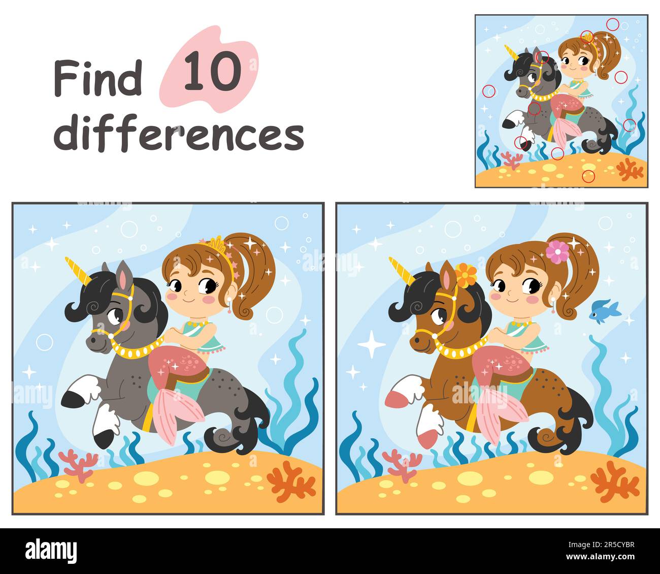 Pädagogisches Spiel für Kinder. 10-Unterschiede mit Vorlage suchen. Süße Cartoon-Meerjungfrau reitet auf einem Seepferdchen in der Unterwasserwelt. Vektordarstellung für c Stock Vektor