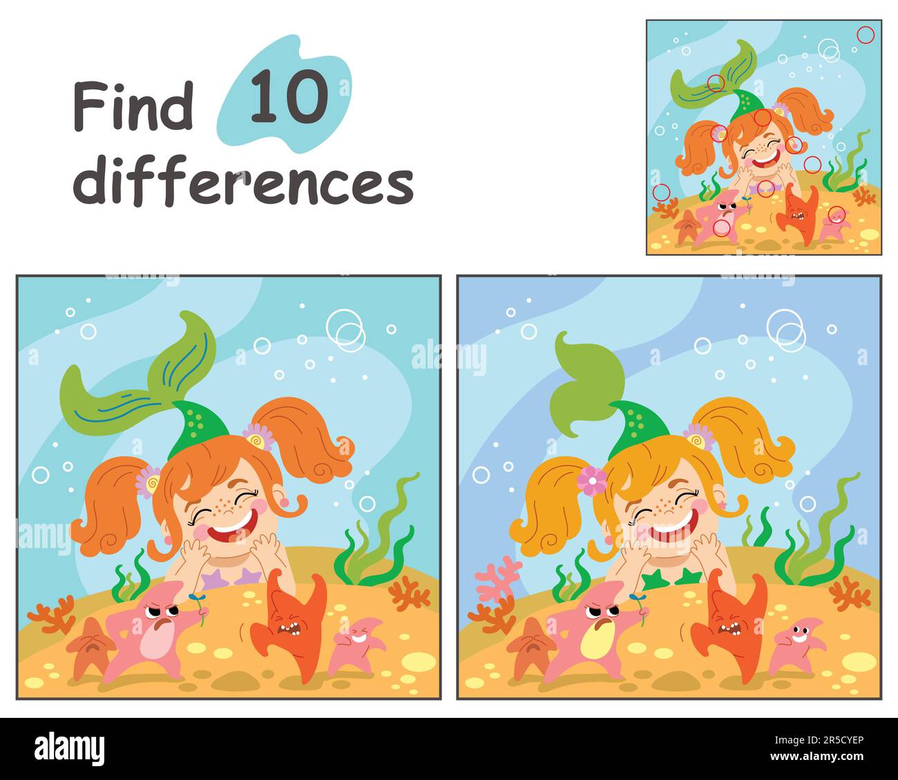 Pädagogisches Spiel für Kinder. 10-Unterschiede mit Vorlage suchen. Süße Cartoon-Meerjungfrau und Seesterne in der Unterwasserwelt. Vektordarstellung für Chi Stock Vektor