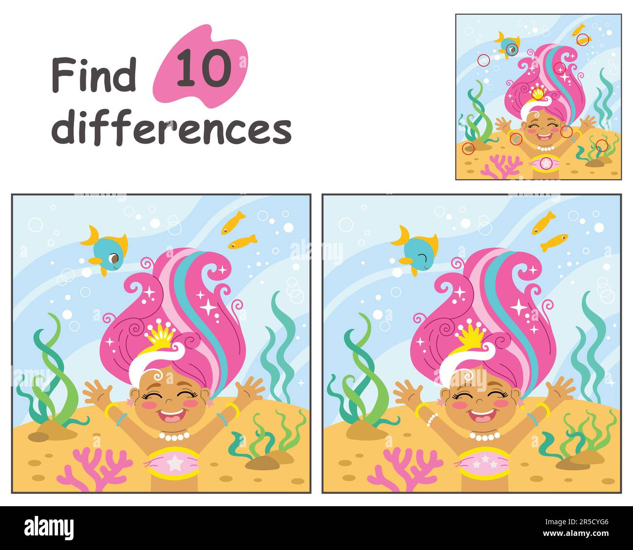 Pädagogisches Spiel für Kinder. 10-Unterschiede mit Vorlage suchen. Süße Cartoon-Meerjungfrau mit rosa Haaren in der Unterwasserwelt. Vektordarstellung für Chi Stock Vektor