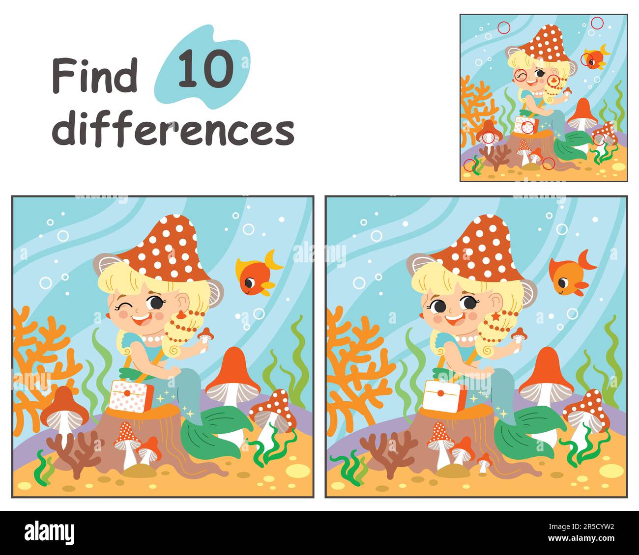 Pädagogisches Spiel für Kinder. 10-Unterschiede mit Vorlage suchen. Süße Cartoon-Meerjungfrau und Pilze in der Unterwasserwelt. Vektordarstellung für CHIL Stock Vektor