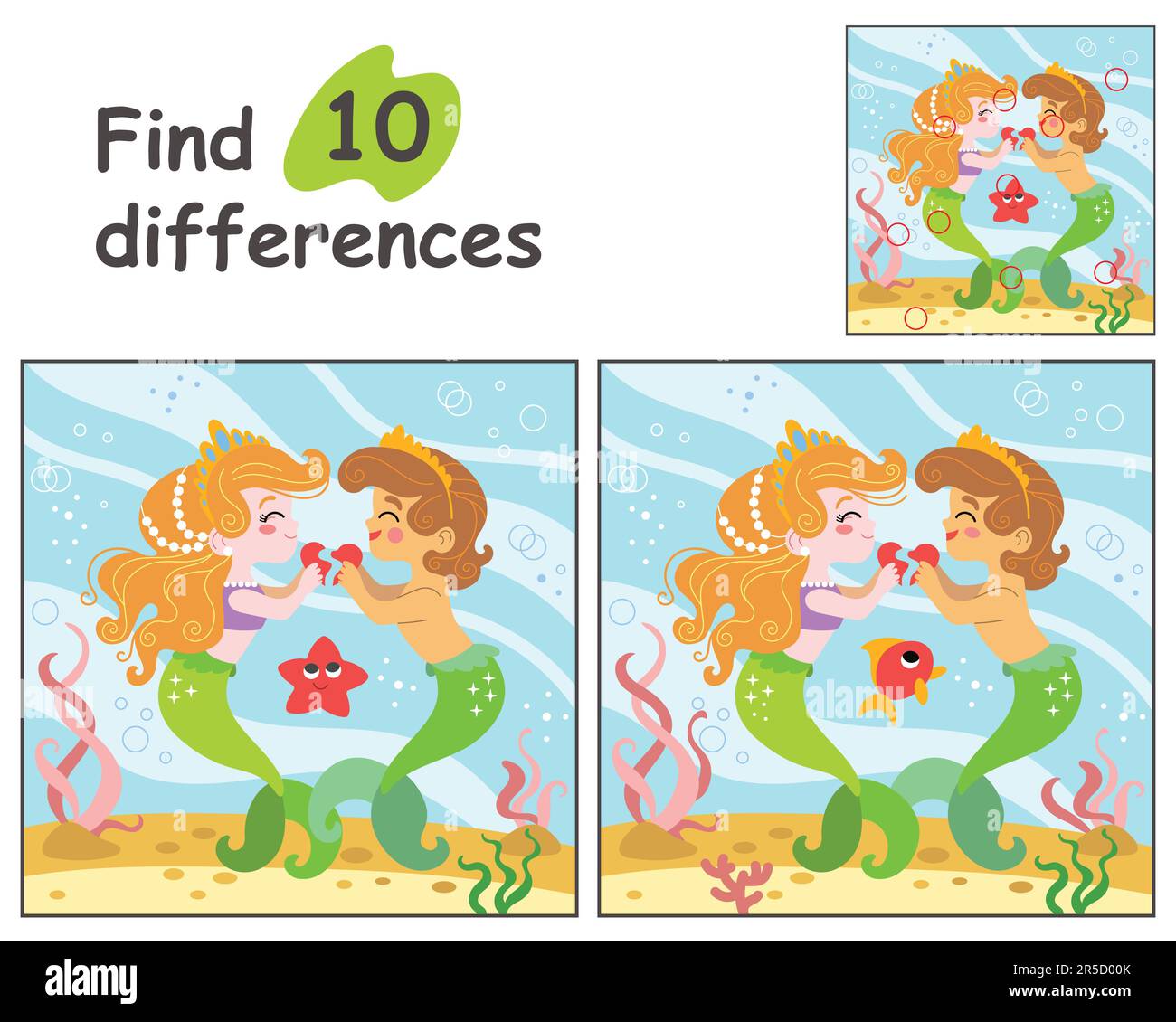 Pädagogisches Spiel für Kinder. 10-Unterschiede mit Vorlage suchen. Süße Cartoon-Meerjungfrauen-Liebhaber in der Unterwasserwelt. Vektordarstellung für Kinder w Stock Vektor