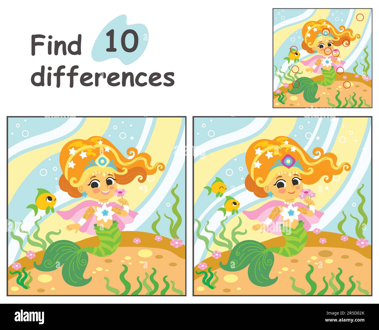 Pädagogisches Spiel für Kinder. 10-Unterschiede mit Vorlage suchen. Süße Cartoon-glückliche Meerjungfrau in der Unterwasserwelt. Vektordarstellung für Kinder mit Stock Vektor
