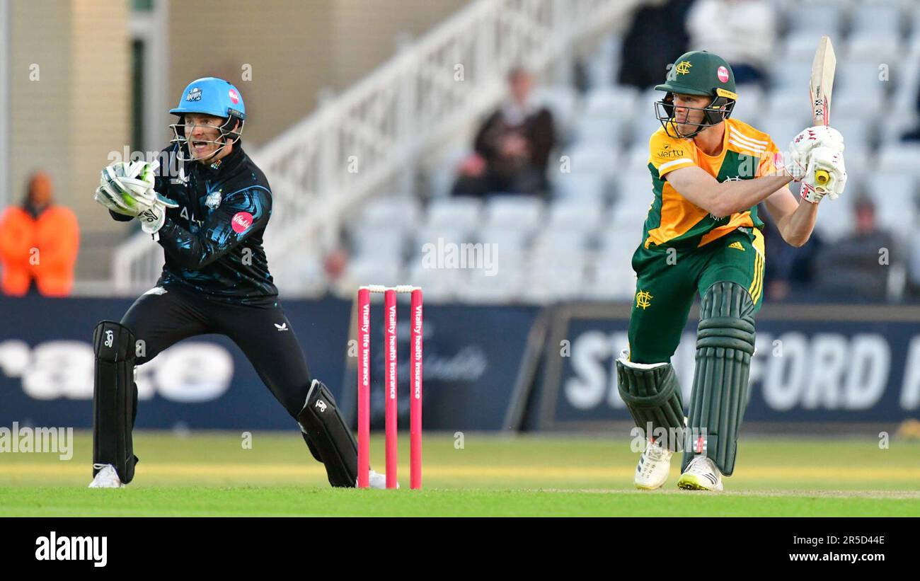 Trent Bridge Cricket Ground, Nottingham, Großbritannien. 02. Juni 2023 um 18,30hrs Uhr. Vitality Blast T20 Cricket. Notts Outlaws gegen Worcestershire Rapids. Notts Outlaws-Teig. Bild: Mark Dunn/Alamy Live News Stockfoto