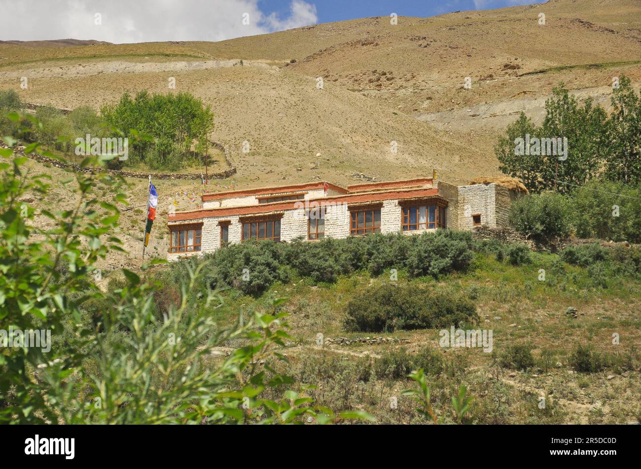 Ein traditionelles Ladakhi-Haus inmitten des Grüns in einem trockenen Berg des Zanskar-Tals, Ladakh, INDIEN Stockfoto