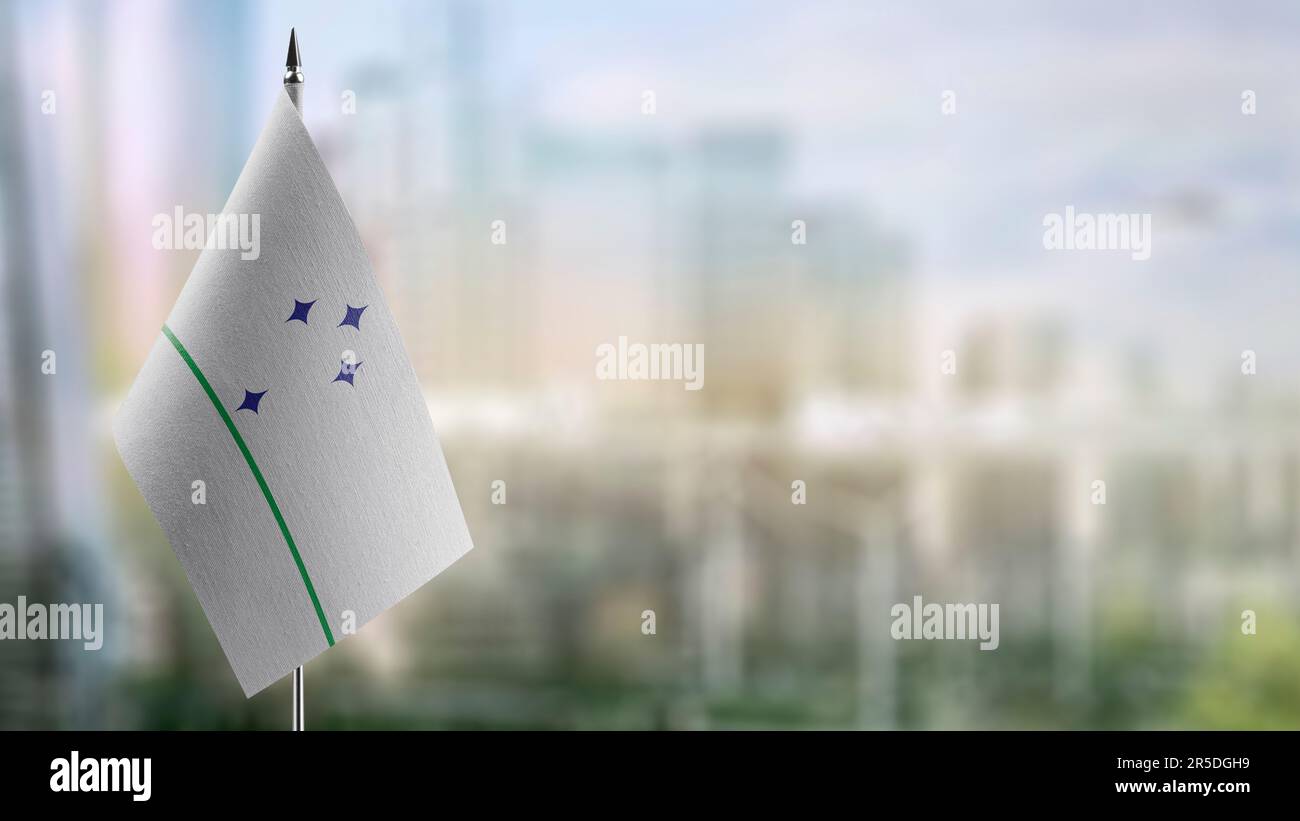 Eine kleine Mercosur-Flagge auf einem abstrakten, verschwommenen Hintergrund. Stockfoto