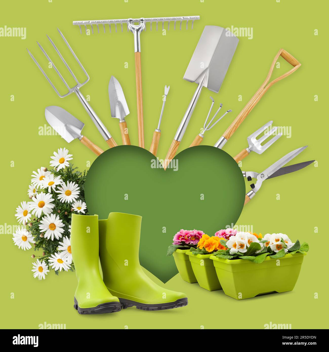 Gartengeräte und grüne Herzform, Gummistiefel und Gänseblümchen, isoliert auf grünem Hintergrund. Banner für Online-Shopping, E-Commerce, Stockfoto