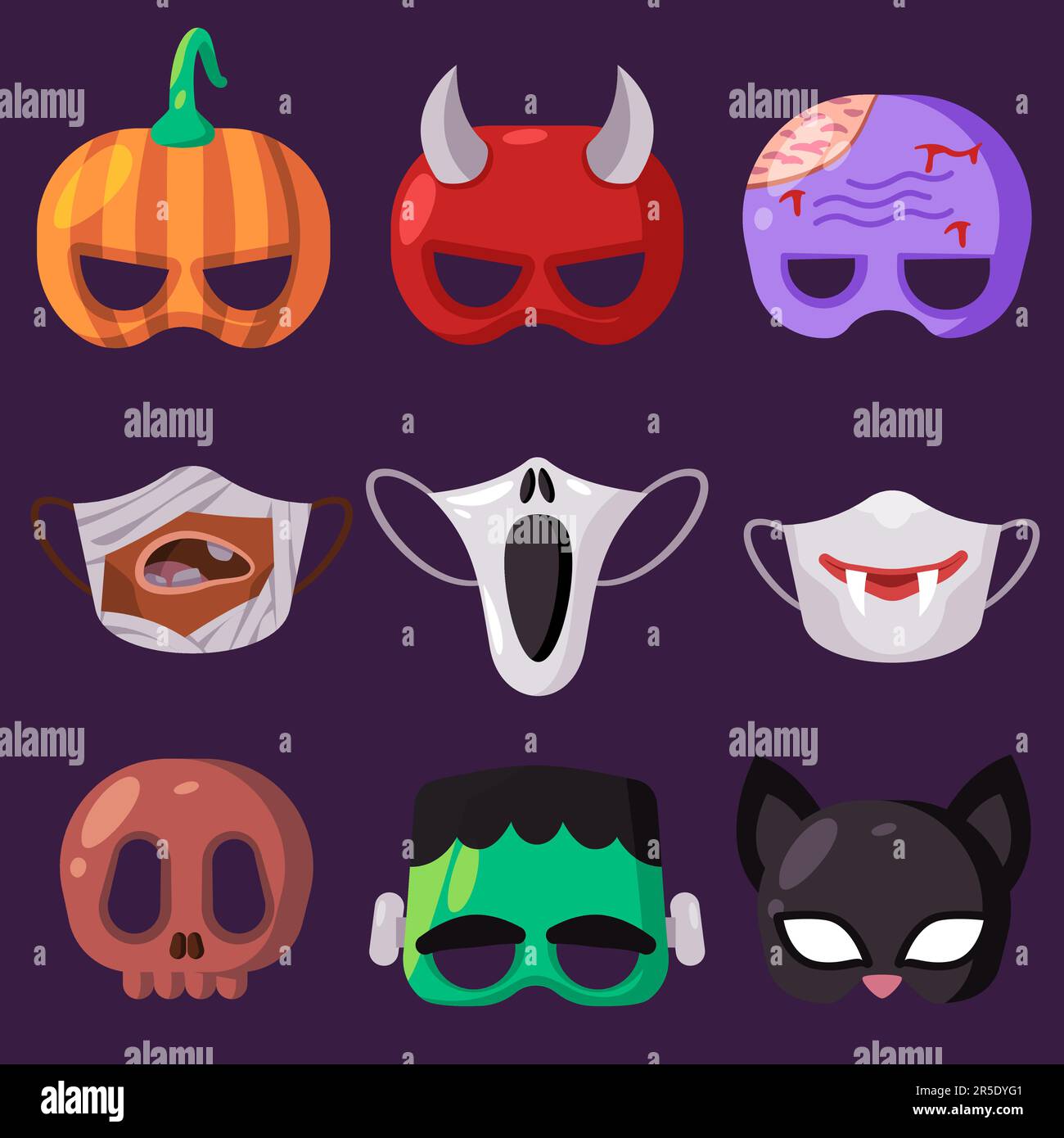 Horror halloween Figur des Monsters Set-Kollektion von Maske gruselige Kreatur Spaß für Kinder Stil Stock Vektor