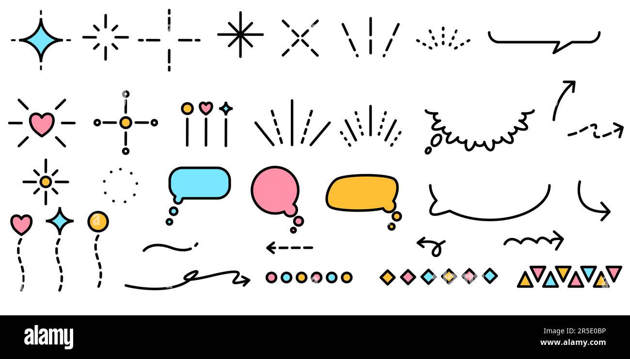 Handgezeichneter Kugelschreiber Art blau Pink und gelb Aufkleber funkelnder Stern glänzende Sonne dekorativ Stock Vektor