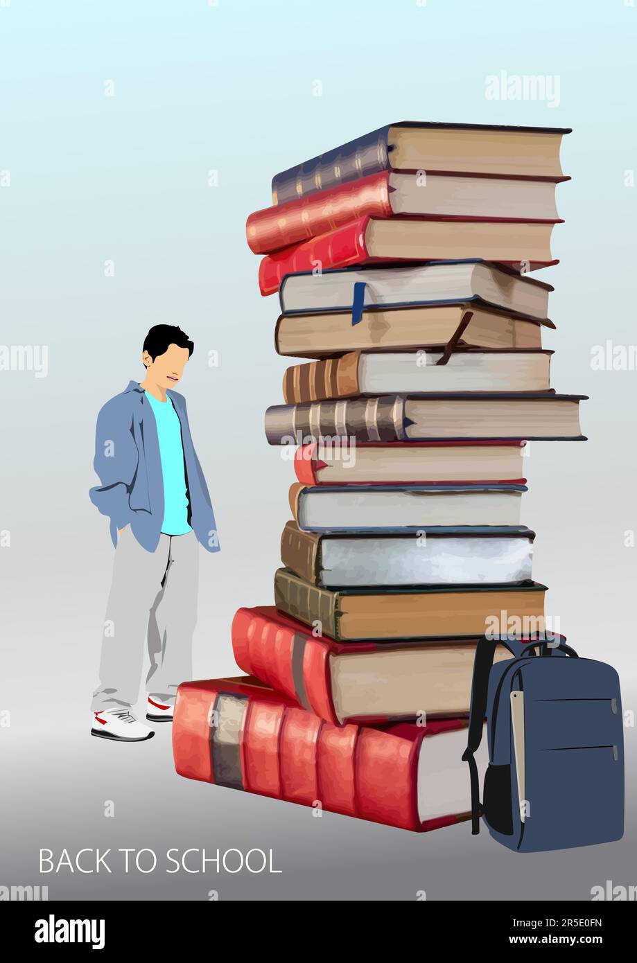 Abstrakte Komposition mit Boy School und Buchstapeln. Zurück zur Schule. Vektorgrafik 3D Stock Vektor